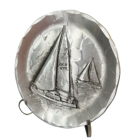 Vintage Wendell August Forge Hammered 4.5" W Art Coaster Plate Sailboats Boats - Picture 2 of 4
